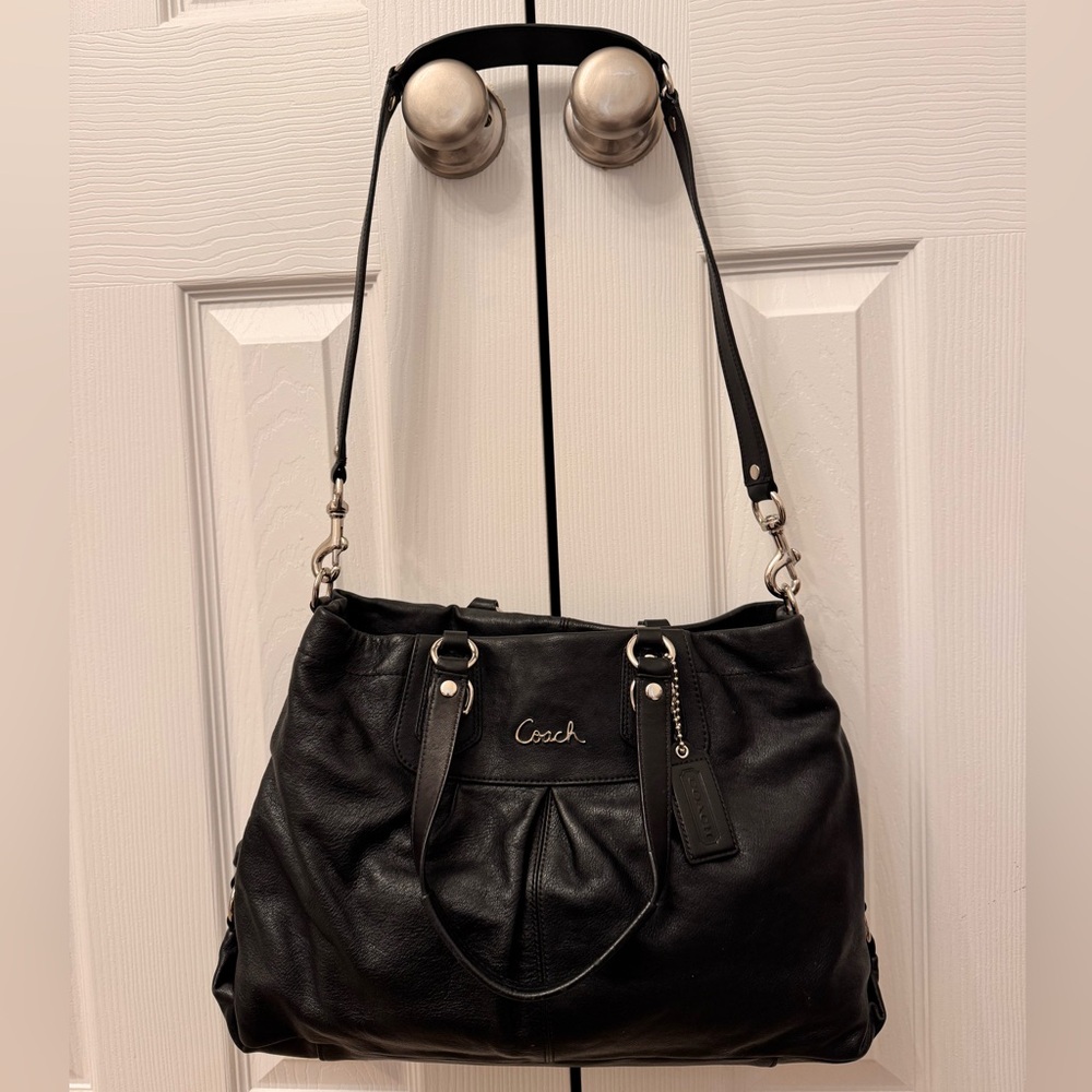 Coach Black Soft Leather Handbag Purple Satin Interior